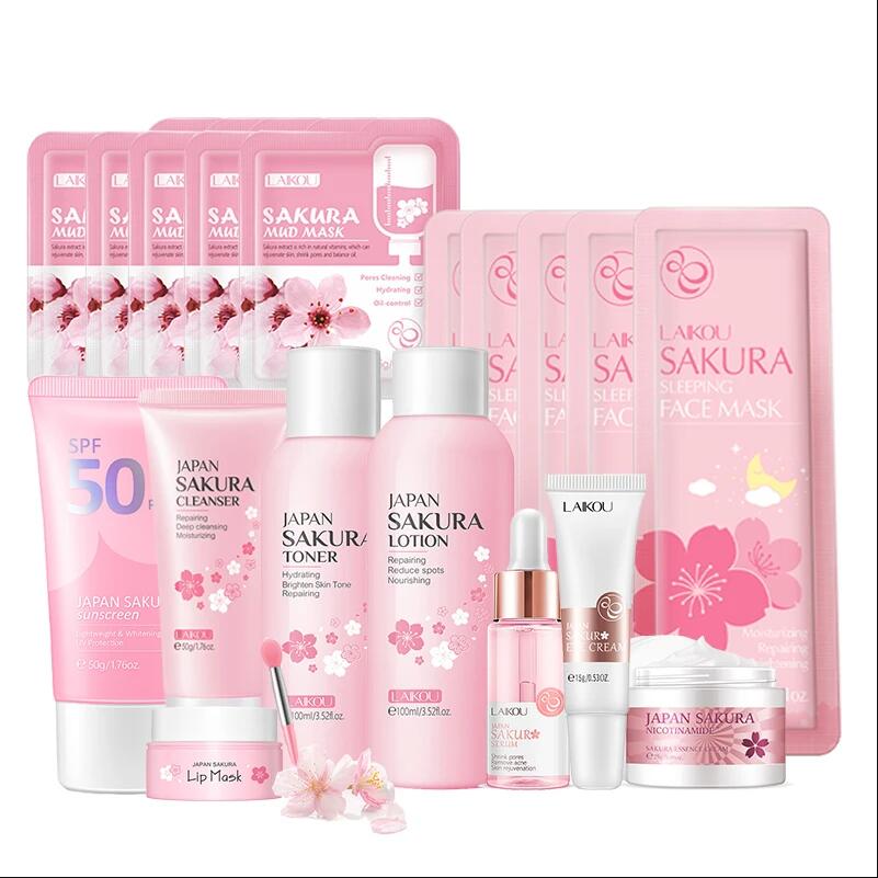 Korean Skincare Routine - 日本さくらフェイシャルクリーナー韓国顔血清角質除去ピーリングジェル保湿トナーアイクリーム日焼け止め化粧品スキンケアセット